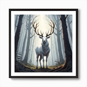A White Stag In A Fog Forest In Minimalist Style Square Composition 61 Art Print