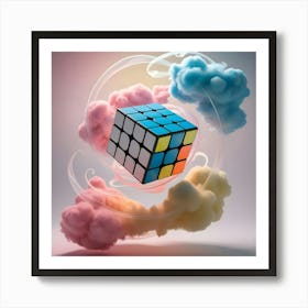 A Vibrant, 3d Illustration Of A Rubik S Cube Suspended In A Dreamlike, Abstract Art Environment, With Swirling Clouds Of Pastel Pink, Blue, And Yellow Hues Surrounding The Cube, Blending Into A Subtle Gradient Of Bold, Neon Like Colors Art Print