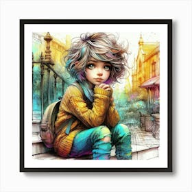Little Girl Sitting On Steps Art Print