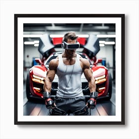 Alpha Male Model Working Out With Heavy Weight Machine, Wearing Futuristic Sonic Armor Exoskeletons And Vr Headset With Headphones Award Winning Photography With Sports Car, Designed By Apple Studio Art Print