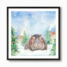 Watercolor Painting Of A Hippo Heart Shapes Visible Within Its Glistening Eyes Seated Among A Snow Art Print