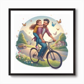 Father And Daughter Riding Bicycle Art Print