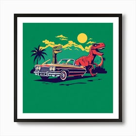 Dinosaurs And Car 2 Art Print