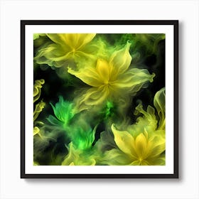 Yellow and Green Flowers On Black Background Art Print