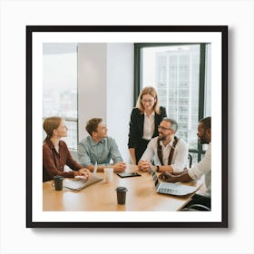 A diverse and dynamic group of professionals engaged in a collaborative meeting or brainstorming session in a modern office setting. This type of image is commonly used for corporate communications, presentations, and marketing materials, highlighting teamwork and productivity in the workplace. Art Print