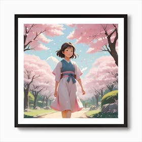 Girl Walking Through Cherry Blossoms Art Print