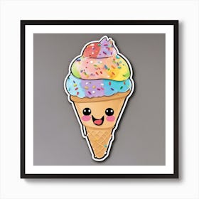 A Cute Rainbow Ice Cream Cone With Sprinkles And A Smiling Face Sticker Affiche