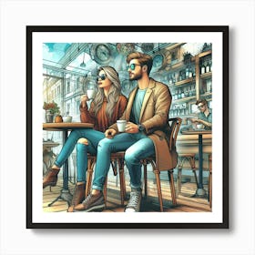 Couple In Cafe 1 Art Print
