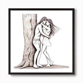Couple Hugging By A Tree Art Print