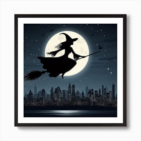 Witch Flying On A Broom Art Print