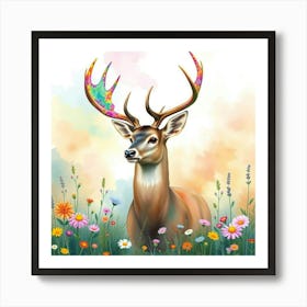 A Deer With Antlers Blooming Into Rainbow Flowers, In A Dreamy Watercolor Meadow Art Print