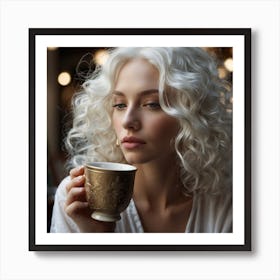 Beautiful Woman With Curly Hair Drinking Coffee Art Print