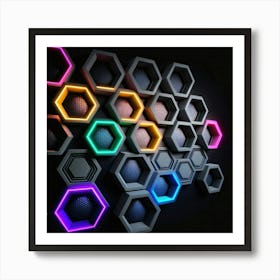 Hexagonal shapes with neon lights, futuristic, cyberpunk, background 11 Art Print