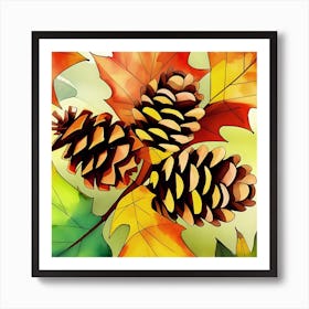 Autumn Leaves And Pine Cones Art Print