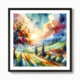 Watercolor Of Tuscan Countryside Art Print