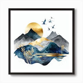 Mountains And Birds Landscape Watercolor Abstract Art Print