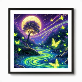 Stream With Bioluminescent Fish Butterflies Sun Spinning Wind Tree Art Print