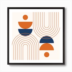 Mid Century Modern Geometric, Moon Phases, Sun and Rainbow in Navy Blue Retro Burnt Orange Art Print