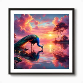 Peacock Drinking From Lake At Sunrise Art Print