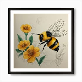 Bee And Flowers Art Print