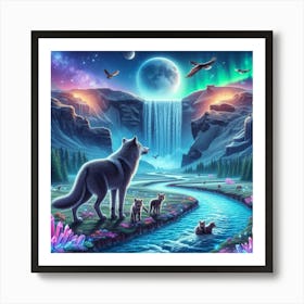 Wolf Family by Crystal Waterfall Under Full Moon and Aurora Borealis 5 Art Print