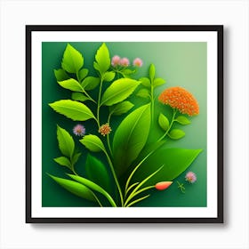 A green background with a flower and a red flower. Art Print