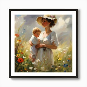 Loving Mother And Child In The Meadow Art Print