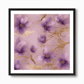 Seamless Pattern Of Elegant Lavender Floral Motifs In Pink, Adorned With Gold Lines Art Print