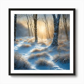 Warm Sun across a Snow Covered Woodland Landscape Art Print