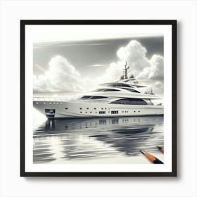 A Pencil Drawing Of A Luxury Yacht On A Lakefront Art Print