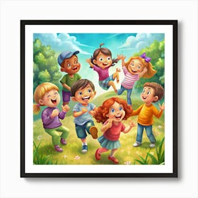 A Group Of Happy Children Playing In A Park Art Print