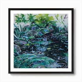 Rainy Day Garden Pond - Watercolor Nature Painting Art Print