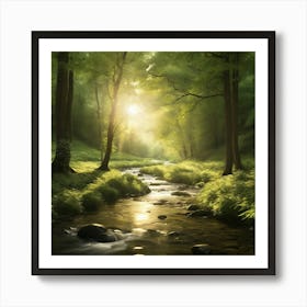 A captivating scene of a lush green forest with golden sunlight filtering through the trees. The leaves are gently swaying in the breeze, and a stream flows with sparkling water, reflecting the light. The atmosphere should be peaceful and serene Art Print