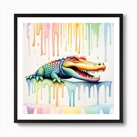 Rainbow Alligator Watercolor Dripping Art Print