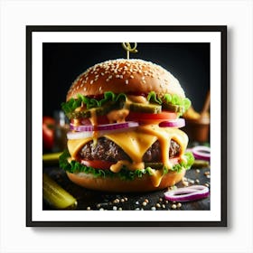 Behold the towering, delectable, and mouthwatering creation that is the Double Cheeseburger, a majestic culinary masterpiece that tantalizes the taste buds with its savory symphony of flavors. Art Print