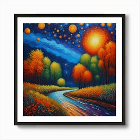 Road To The Stars.Luminous Journey: A Whimsical Landscape Under a Radiant Night Sky Art Print