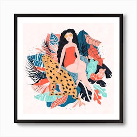 Black Hair Tropical Girl With Cheetah Art Print