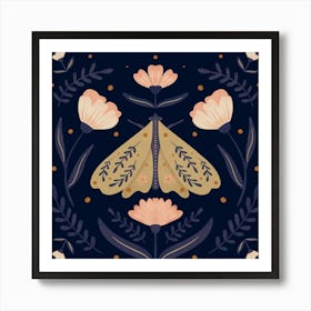 Moth and Flowers - blue and peach Art Print