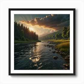 Photo Of Ultra Realistic Insane Illustration, A Landscape That Transmits Peace And Calm The Background Is Wooded And Colorful A River In The Foreground Fairy Tale Style 2 Art Print