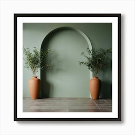 Two Vases In Front Of A Green Wall Art Print