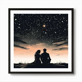 Couple Sitting Under The Stars, A Single Elegant Line Drawing Of A Men And Woman Art Of Sitting To Gather Alone Back Side Pose , Starry Night Art Print