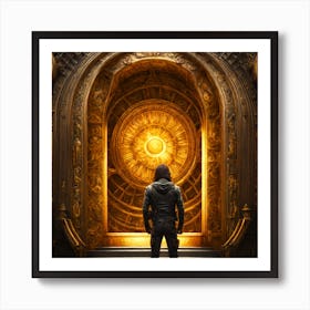 Explorer Finds A Portal To Other Universe Detailed Gold Color Touched Painting Art Print