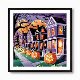 The Image Paints A Lively Picture Of Halloween In America Showcasing Bustling Neighborhoods Adorned Art Print