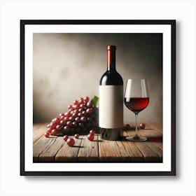 Wine Bottle, glass of red wine And Grapes On Wooden Background 3 Art Print