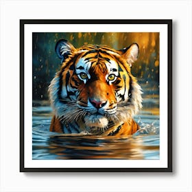 Swimming in the Rain, Bengal Tiger Art Print