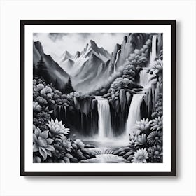 Waterfall In Black And White 2 Art Print