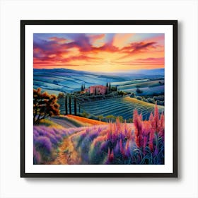 Watercolor Tuscany Vibrant Colours Sunset Pale Blue Sky Landscape Studio Photography Art Print