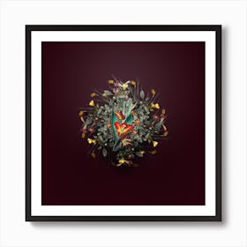 Vintage Parrot Gladiole Floral Wreath on Wine Red n.0437 Art Print