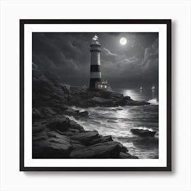 A Picturesque Lighthouse Standing Tall On A Rocky Coastline, Guiding Ships At Night 2 Art Print