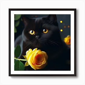 Black Cat With Yellow Roses Art Print